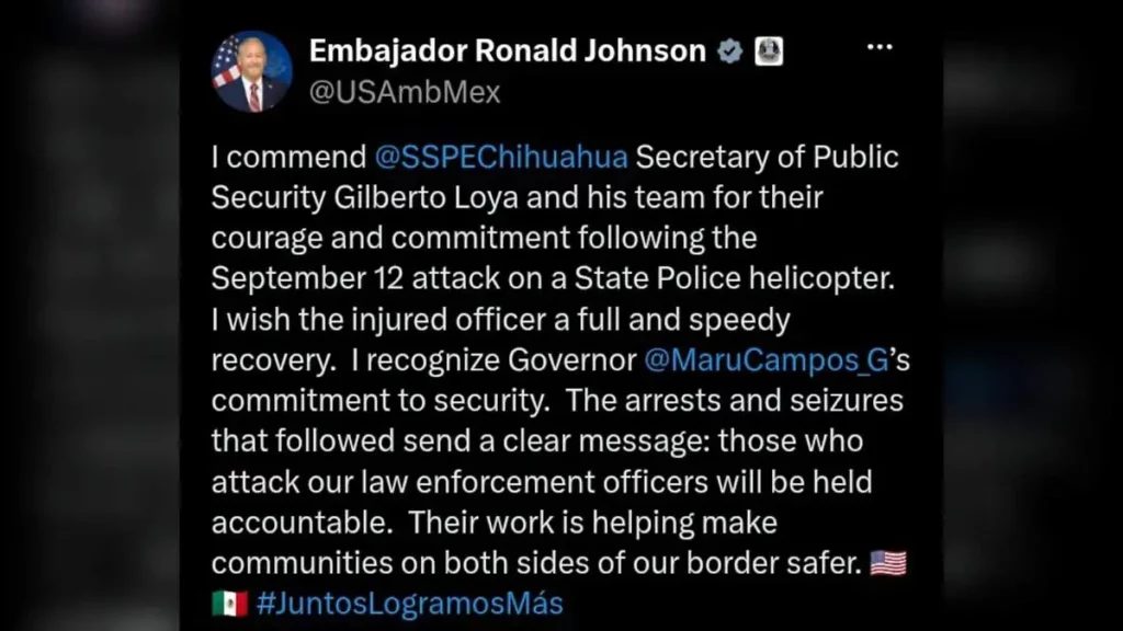 Reconoce embajador de Estados Unidos labor de SSPE, tras ataque a helicóptero en Ojinaga